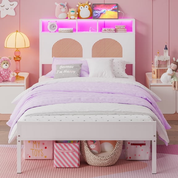 Yoneston Twin Bed with Wood Rattan Storage LED Light Headboard, Metal Platform Bed Frame with Charging Station for Kids Teens, White