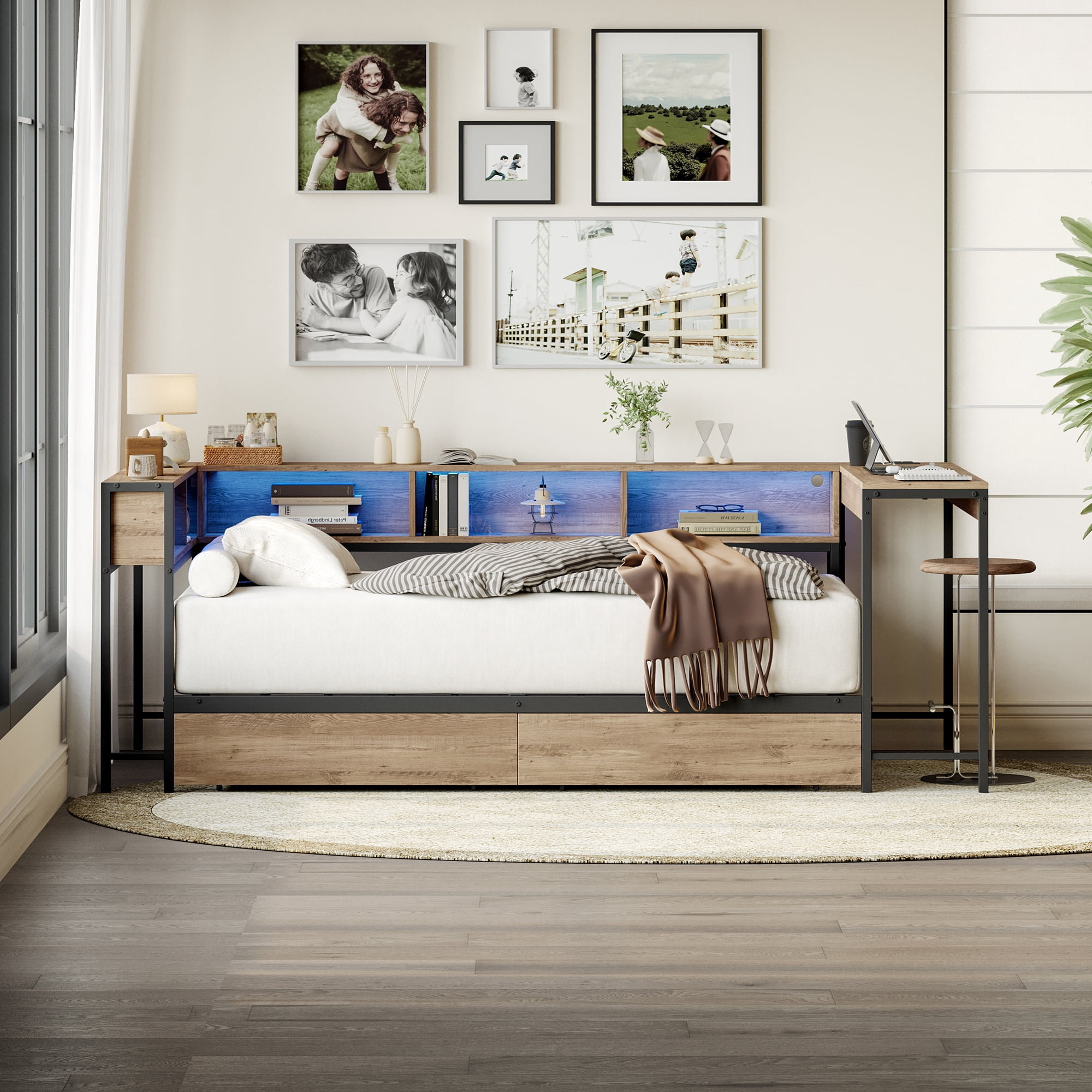 Yoneston Twin Corner Bed Frame with Bookcase Storage and Lights & Charging, Reversible Daybed with 2 Drawers & Integrated Desk for Bedroom, Grey