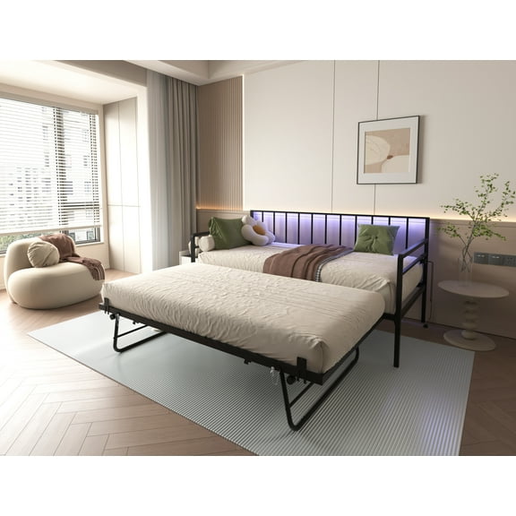 Yoneston Twin Daybed with RGB LED Lights, Height Adjustable Day Sofa Bed Frame with Trundle for Bedroom, Living Room, Guest Room, Black