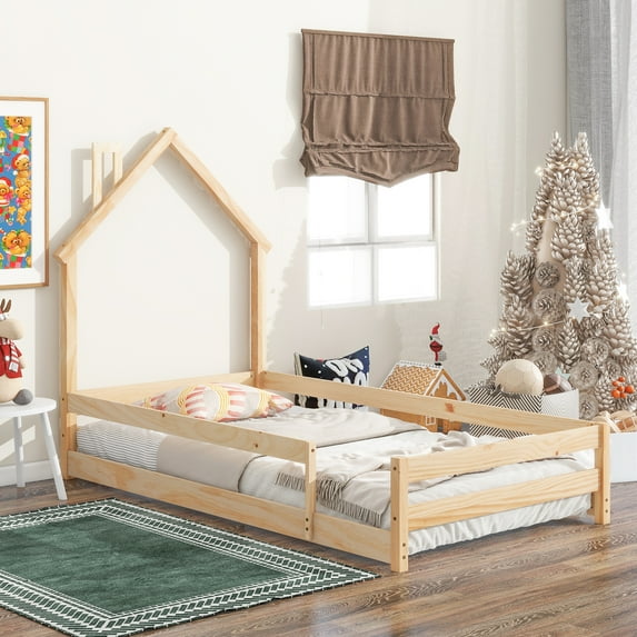 Yoneston Twin Floor House Bed Frame for Toddlers, Wooden Kids Platform Bed Frame with Fence and Door for Girls Boys, Natural