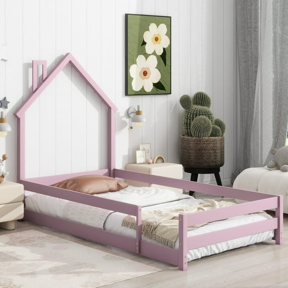Yoneston Twin Floor House Bed Frame for Toddlers, Wooden Kids Platform Bed Frame with Fence and Door for Girls Boys, Pink