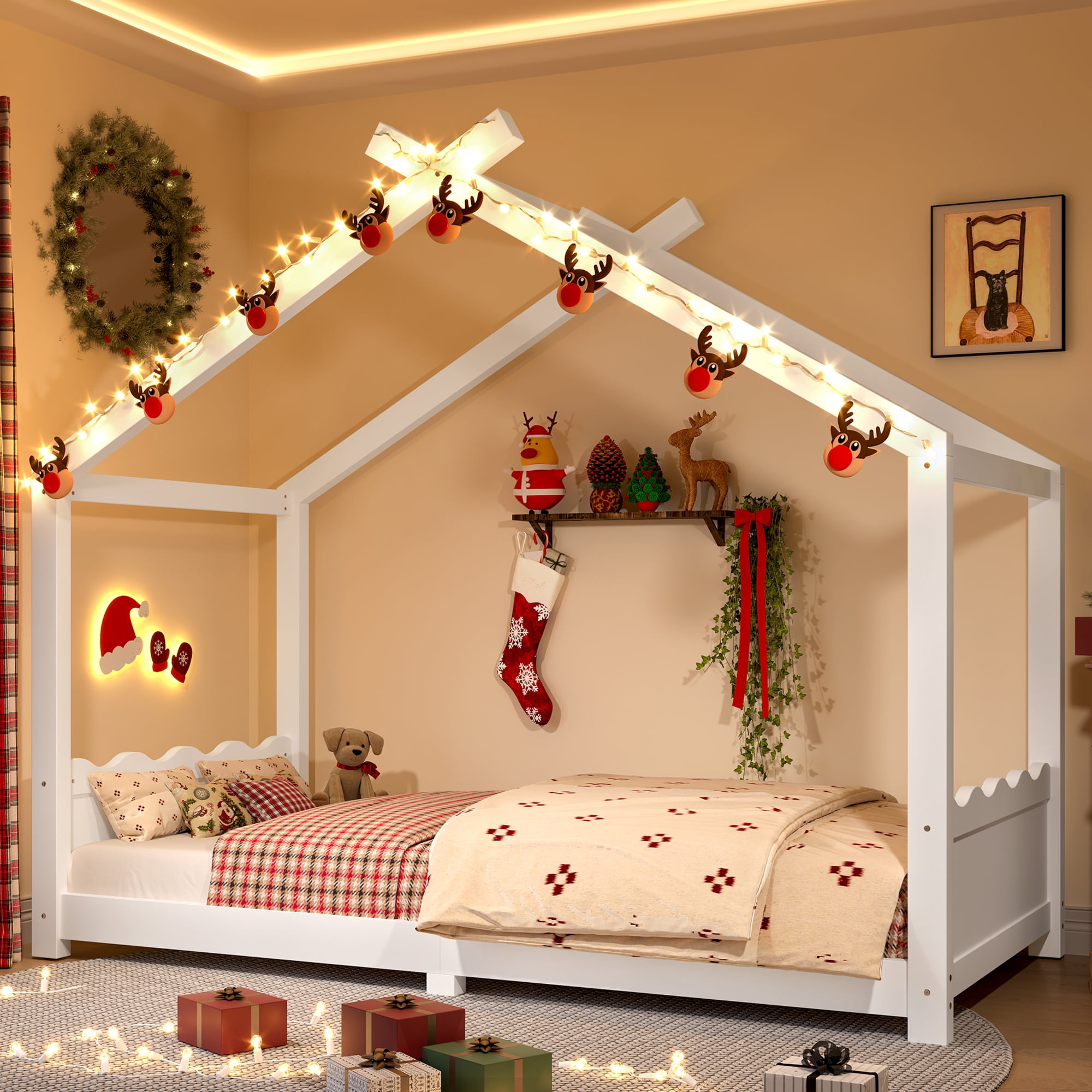 Yoneston Twin House Floor Bed with Roof, Solid Wood Platform Bed Frame with Opening Constructure for Kids, No Box Spring Needed, White