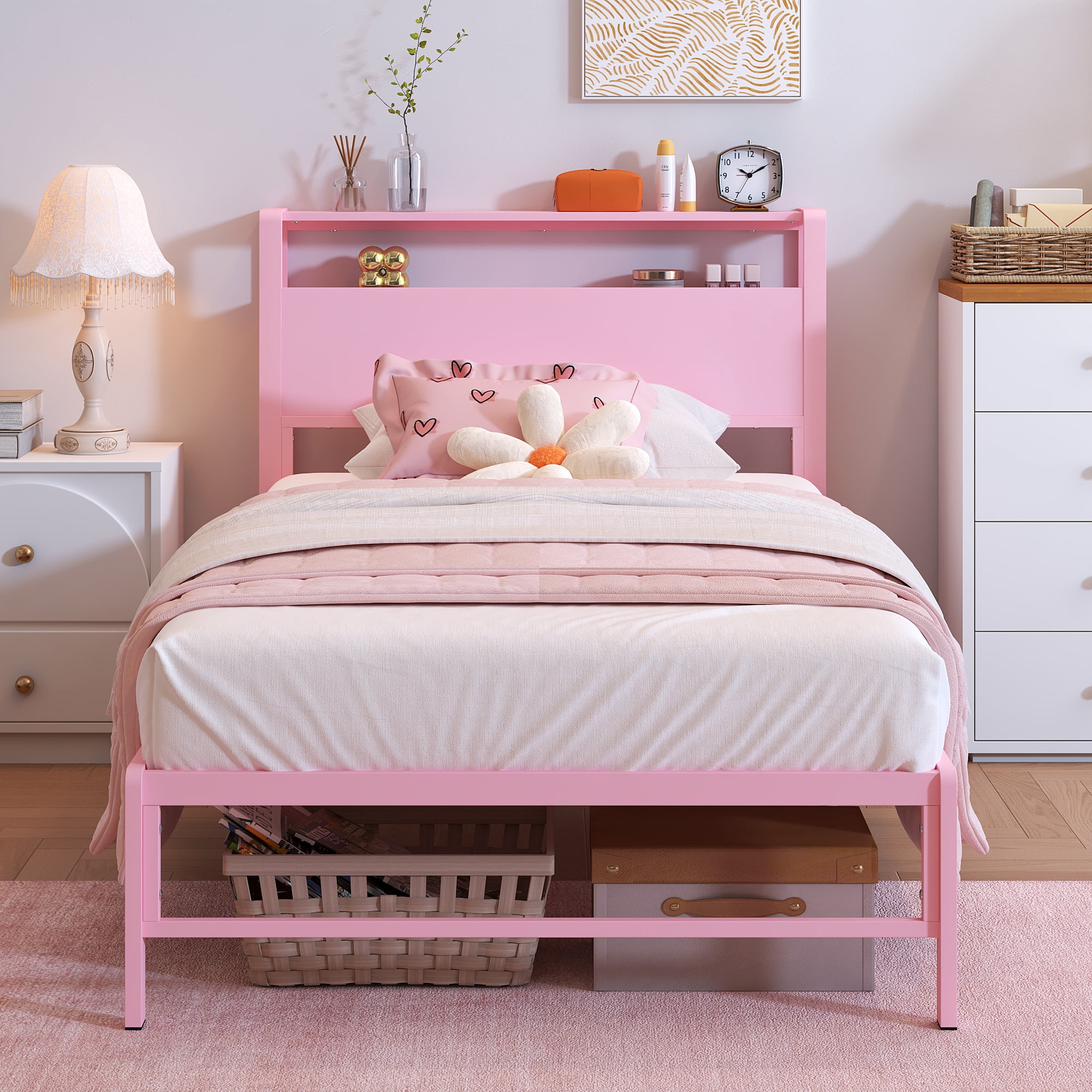 Yoneston Twin Kids Metal Bed Frame with 2-Tire Storage Headboard, Heavy Duty Platform Bed Frame Bedroom Furniture for Girls, Pink