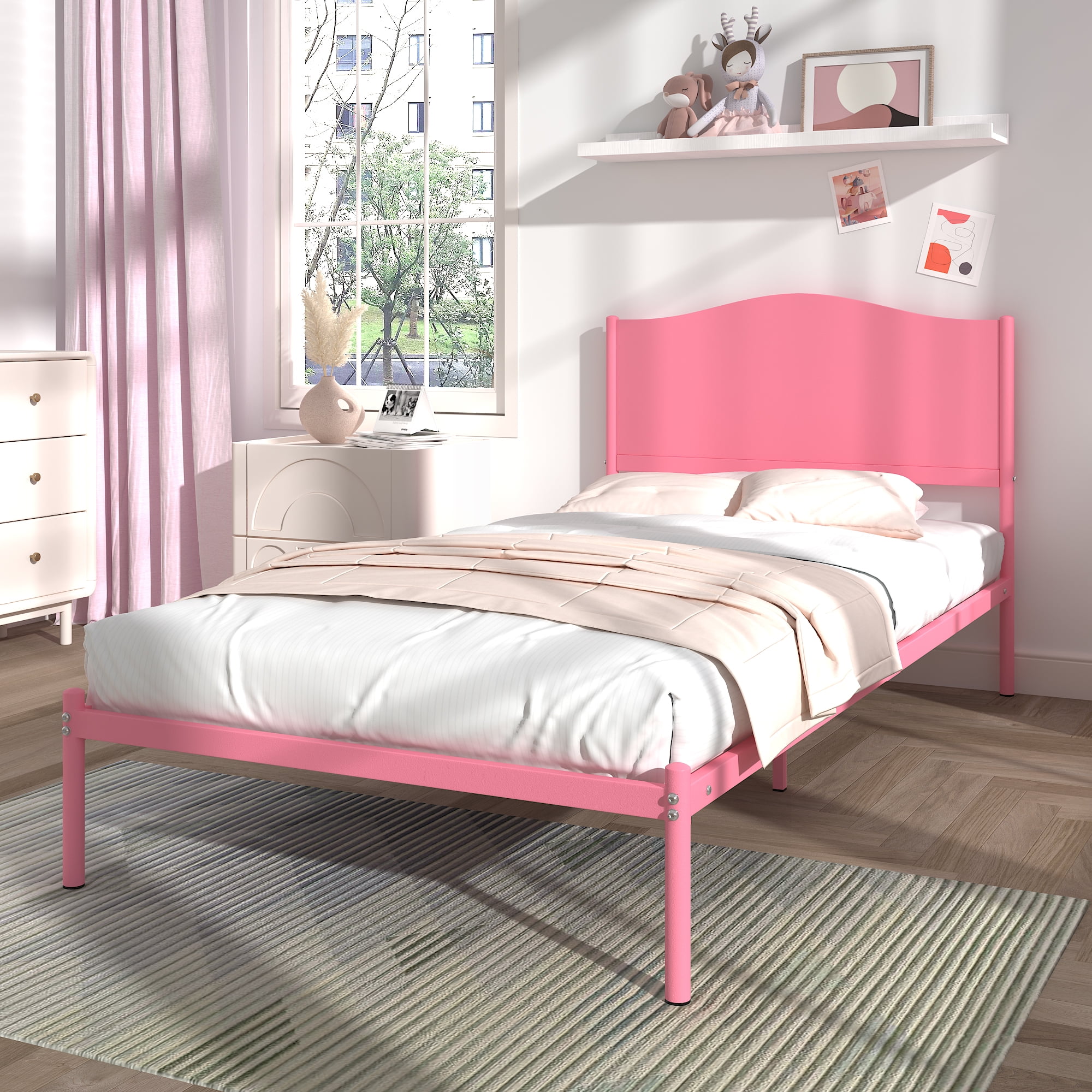 Yoneston Twin Kids Metal Platform Bed Frame with Pink Finish Wood