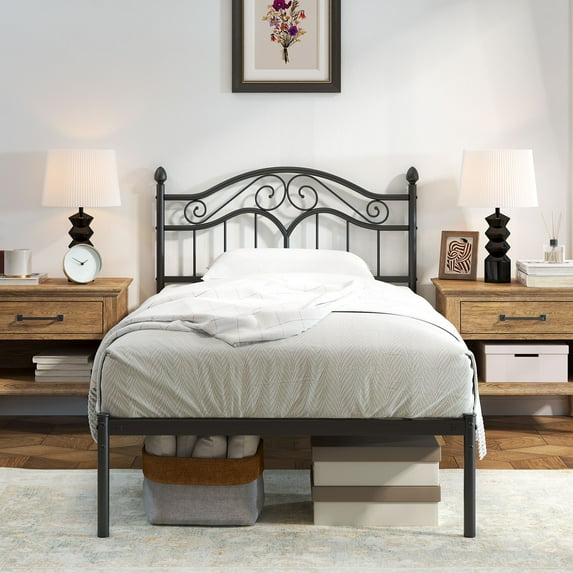 Yoneston Twin Kids Metal Platform Bed Frame with Vintage Headboard, Sturdy Steel Slat Mattress Foundation with 11" Under-Bed Storage, Black