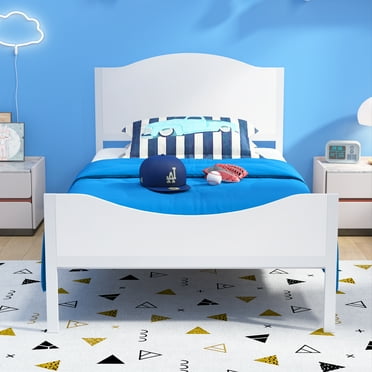 Yoneston Twin Kids Metal Platform Bed Frame with Wood Headboard for Children, Teens & Adults, No Box Spring Needed, White