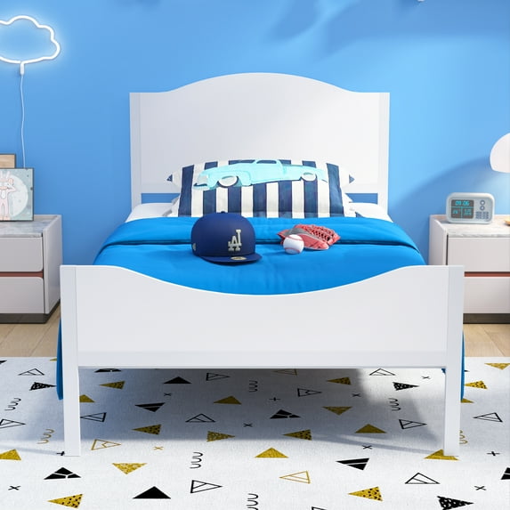 Yoneston Twin Kids Metal Platform Bed Frame with Wood Headboard for Children, Teens & Adults, No Box Spring Needed, White