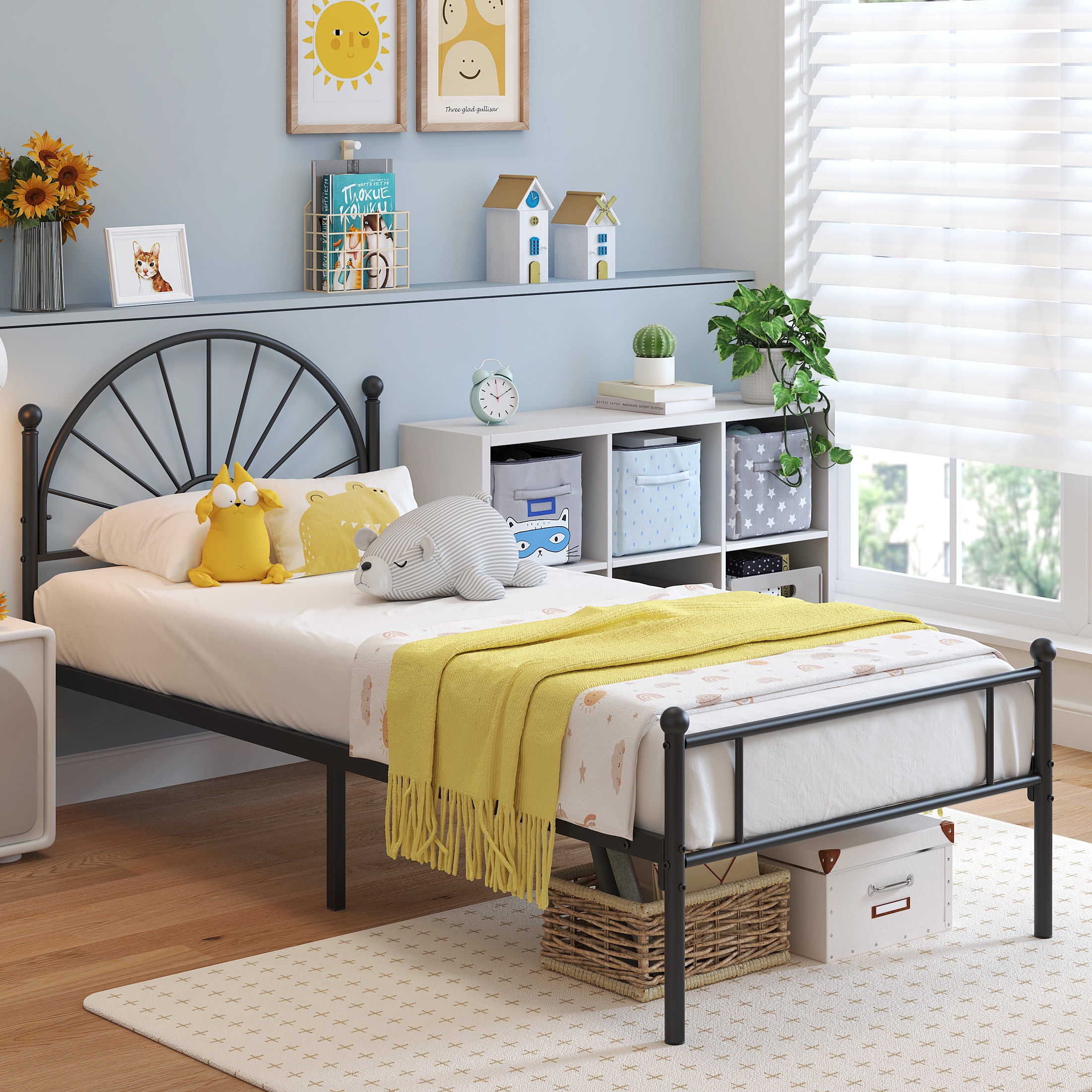 Yoneston Twin Metal Bed Frame with Unique Sun Curve Shape Headboard for Teens Kids Toddlers Bedroom Furniture, Black