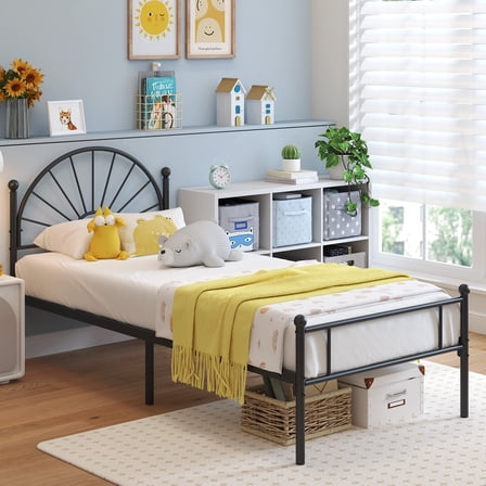 Yoneston Twin Metal Bed Frame with Unique Sun Curve Shape Headboard for Teens Kids Toddlers Bedroom Furniture, Black