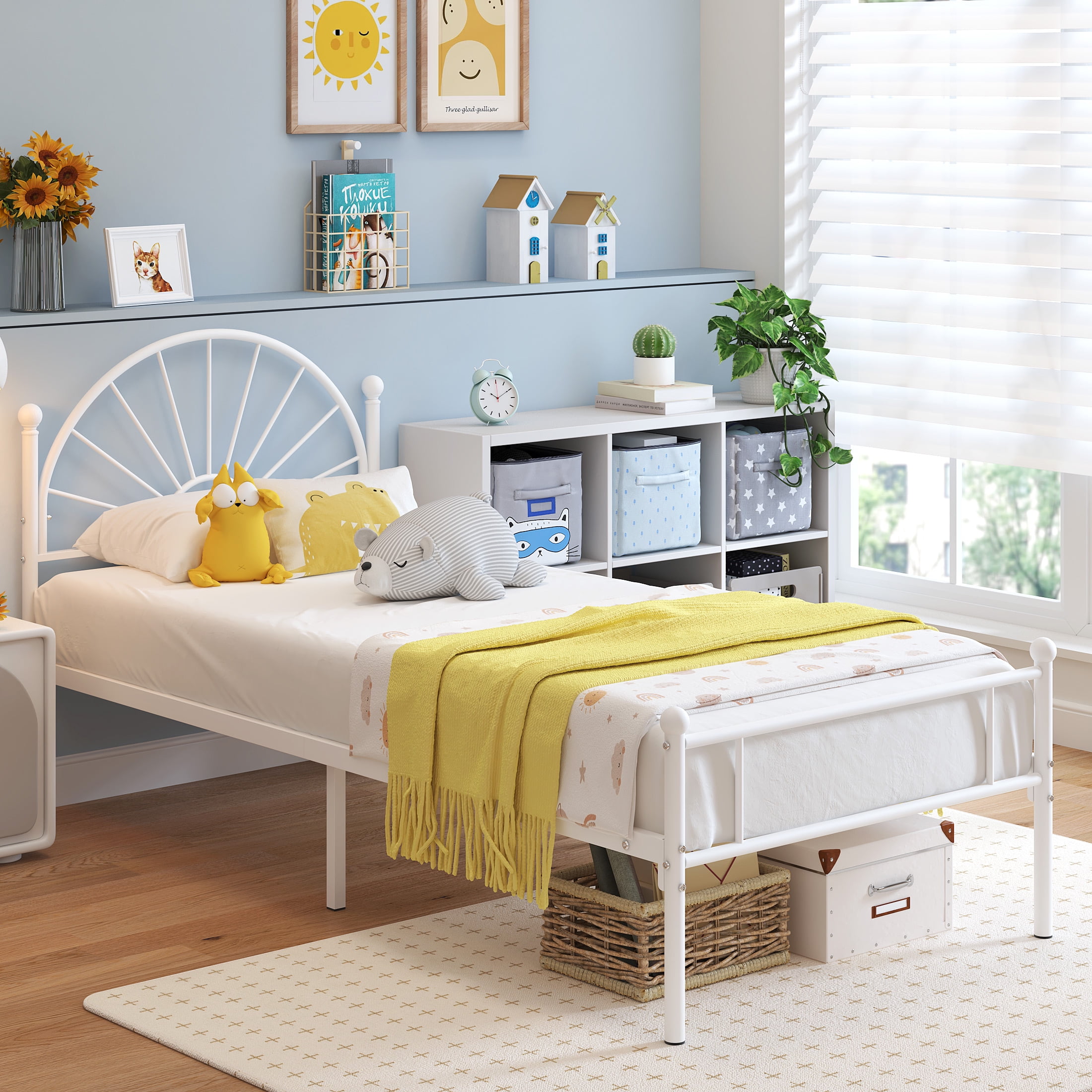 Yoneston Twin Metal Bed Frame with Unique Sun Curve Shape Headboard for Teens Kids Toddlers Bedroom Furniture, White