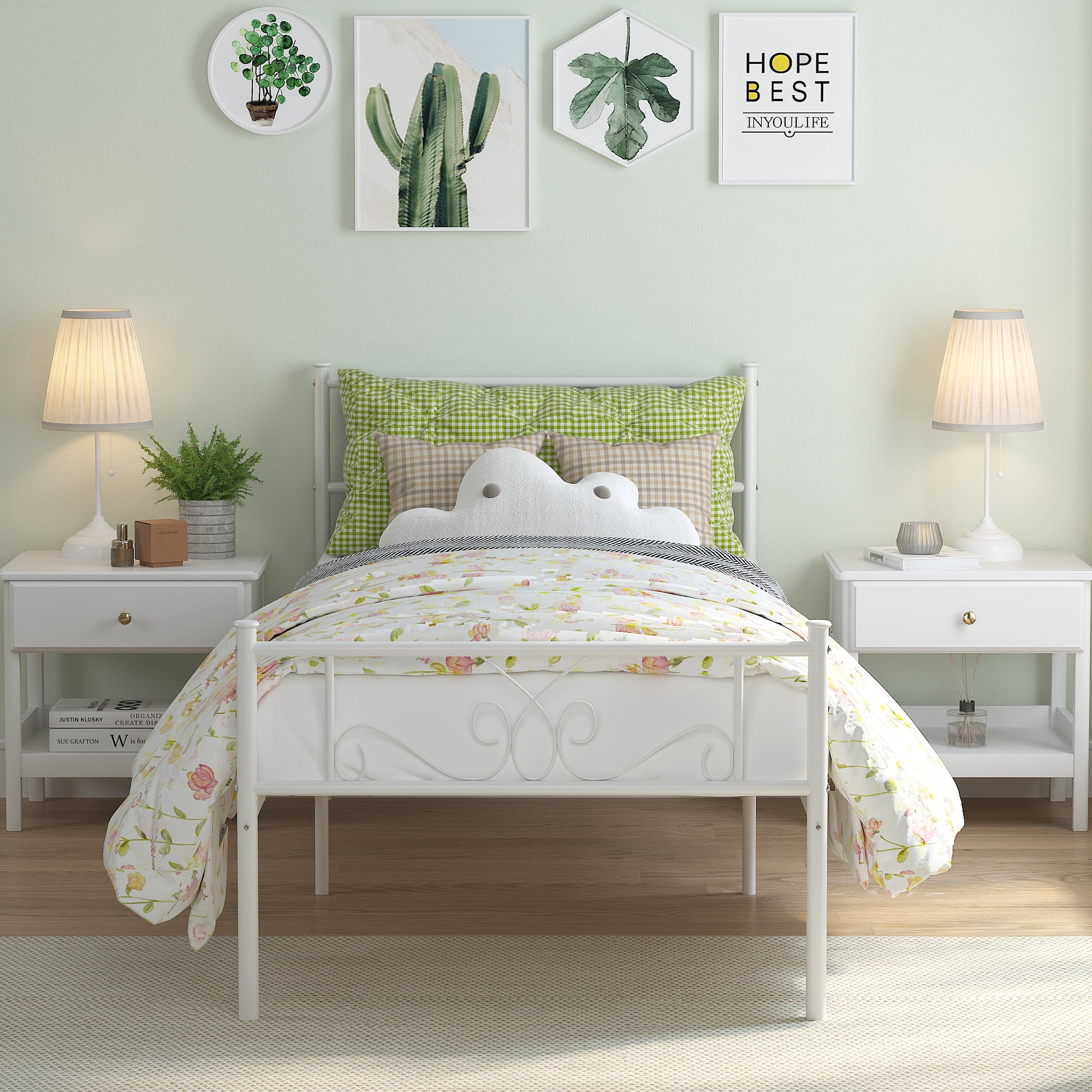 Yoneston Twin Metal Platform Bed Frame Bedroom Mattress Foundation with Headboard for Kids Tens, White