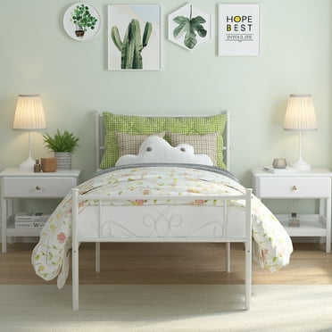 Yoneston Twin Metal Platform Bed Frame Bedroom Mattress Foundation with Headboard for Kids Tens, White