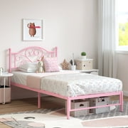 Yoneston Twin Metal Platform Bed Frame with Victorian Style Flower Heart Headboard, Heavy Duty Steel Slat Mattress Foundation for Kids Boys Girls, Pink