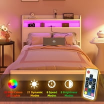 Yoneston Twin Metal Platform Bed Frame with 2-Tier LED Light Storage Charging Station Power Outlet Headboard for Kids Bedroom Furniture, White