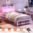 thumbnail image 1 of Yoneston Twin Metal Platform Bed Frame with LED Light and USB Port Charging Station Storage Headboard for Kids Boys Girls Adults, White, 1 of 12