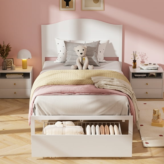 Yoneston Twin Metal Platform Bed with Large Storage Drawer, Wood High Headboard Bed Frame Bedroom Furniture for Kids, Teens, Adults - White