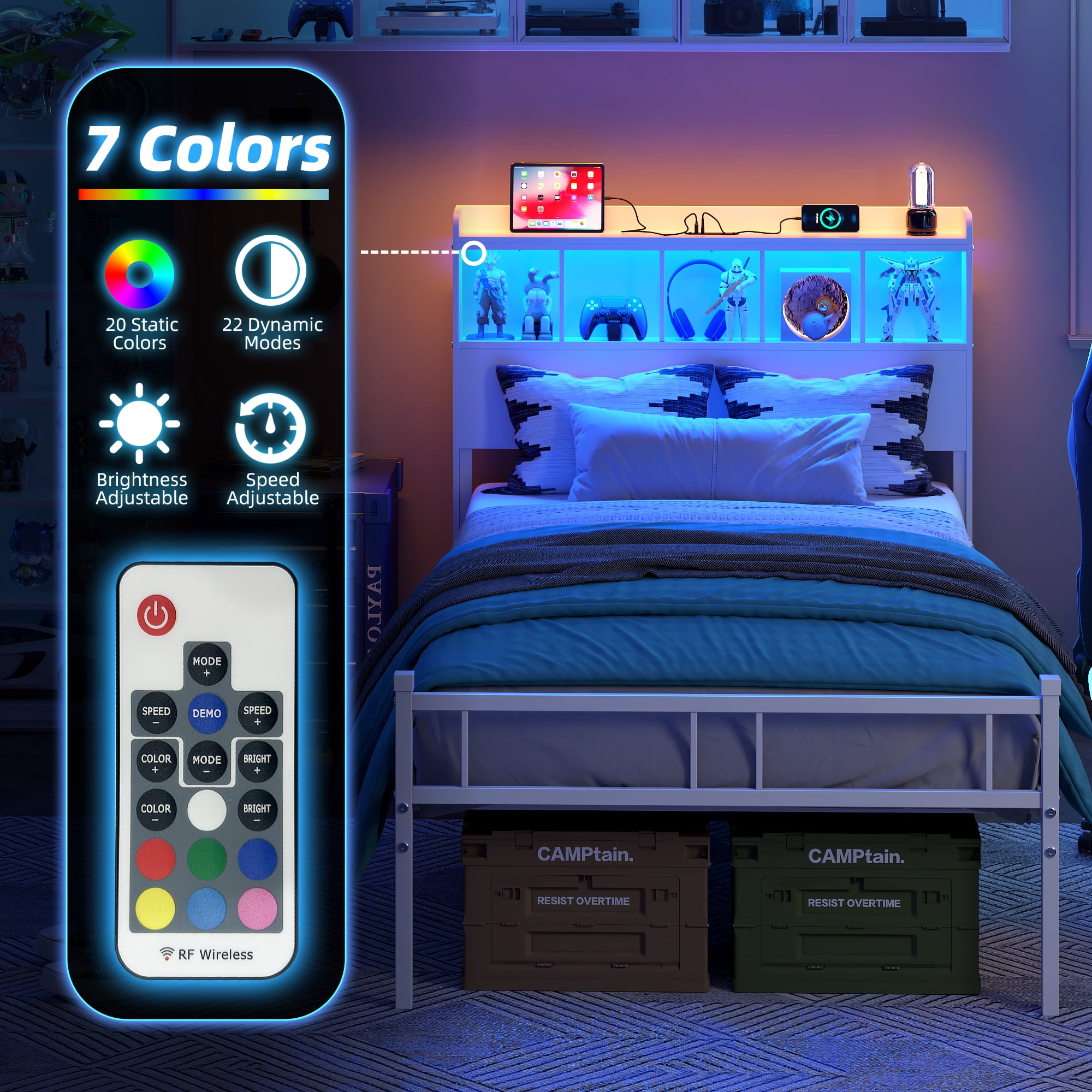 Yoneston Twin Platform Bed Frame with LED Storage Headboard & Charging Station, 2 -Tier Shelves and Under Bed Storage for Kids Teens, White