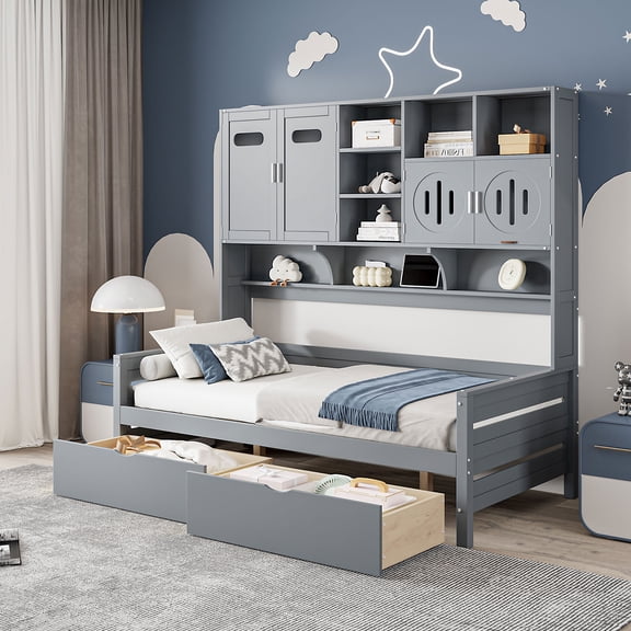 Mintazer Twin Platform Bed with Side Bookcase & 2 Drawers and 2 Cabinets, All-in-One Wood Storage Daybed Frame for Kids Teens Bedroom Guest Room, Grey