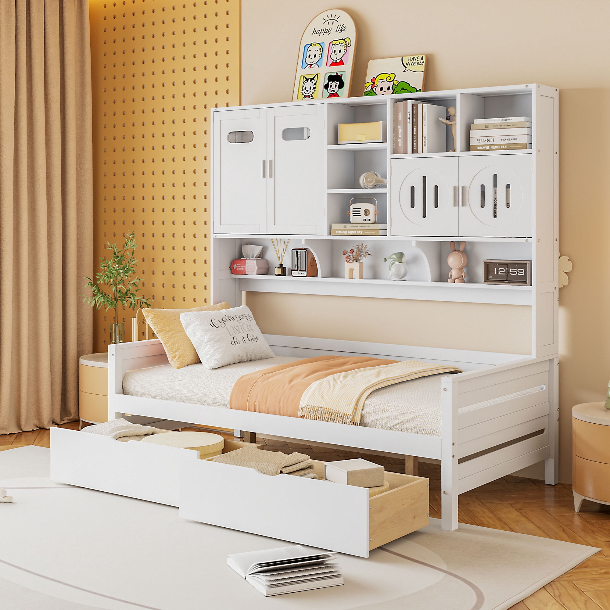 Mintazer Twin Platform Bed with Side Bookcase & 2 Drawer and 2 Cabinets, All-in-One Wood Storage Daybed Frame for Kids Teens Bedroom Guest Room, White