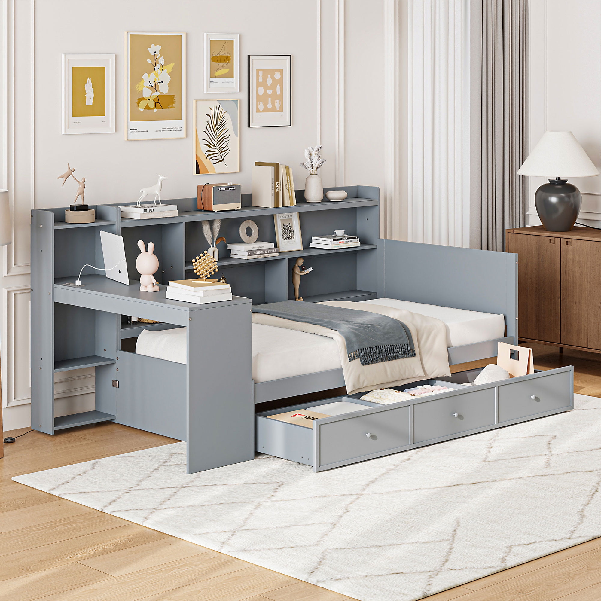 Mintazer Twin Platform Bed with Desk & Charging Ports, Wooden Bed Frame with Storage Shelves & 3 Drawers for Bedroom Playroom Guest Room, Grey