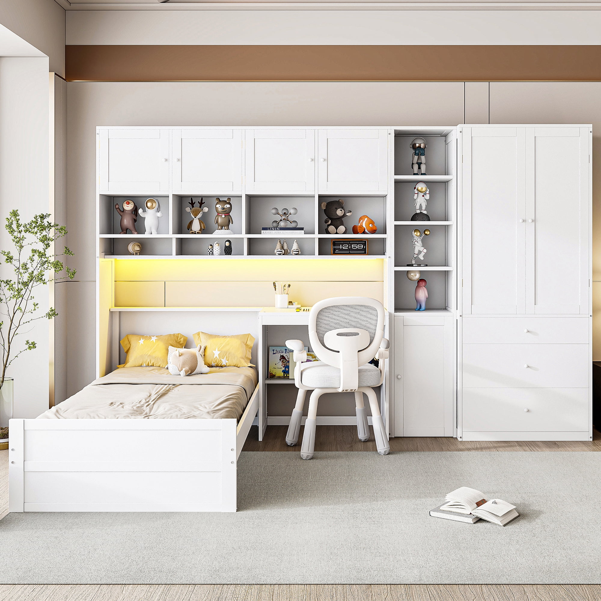 Mintazer Twin Platform Bed with Desk & Wardrobe, Wooden Bed with Cabinets & Shelves Storage and 3 Drawers for Bedroom Playroom Guest Room, White