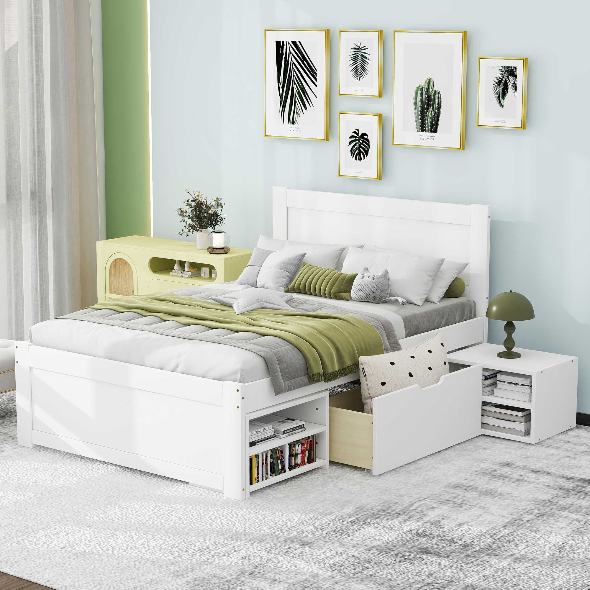 Yoneston Twin Platform Bed with Wheeled Drawer and Two Shelves, Kids Extra Easy-access Large Storage Space Bed Frame, White