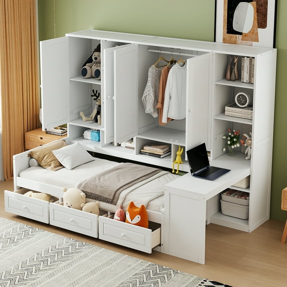 Mintazer Twin Platform Daybed with Desk & 2 Cabinets, Wooden Bed Frame with 6 Shelves & 3 Drawers for Bedroom Playroom Guest Room, White