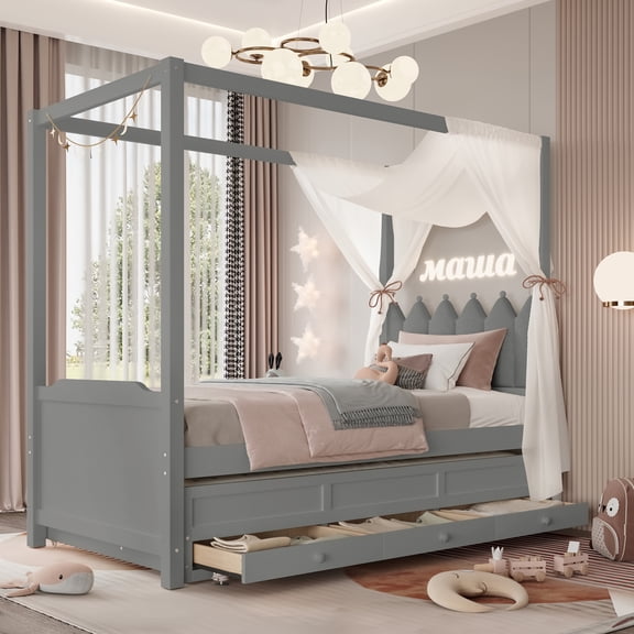 Mintazer Twin Princess Canopy Bed with Trundle & 3 Drawers, Wood Platform Bed for Kids Teens Girls, Gray