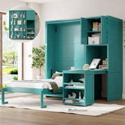 Mintazer Twin Rotating Murphy Bed with Bookshelf & Top Cabinet, Multifunctional Foldable Bed with Extendable Desk & Side Storage Shelves for Bedroom Guest Room, Teal