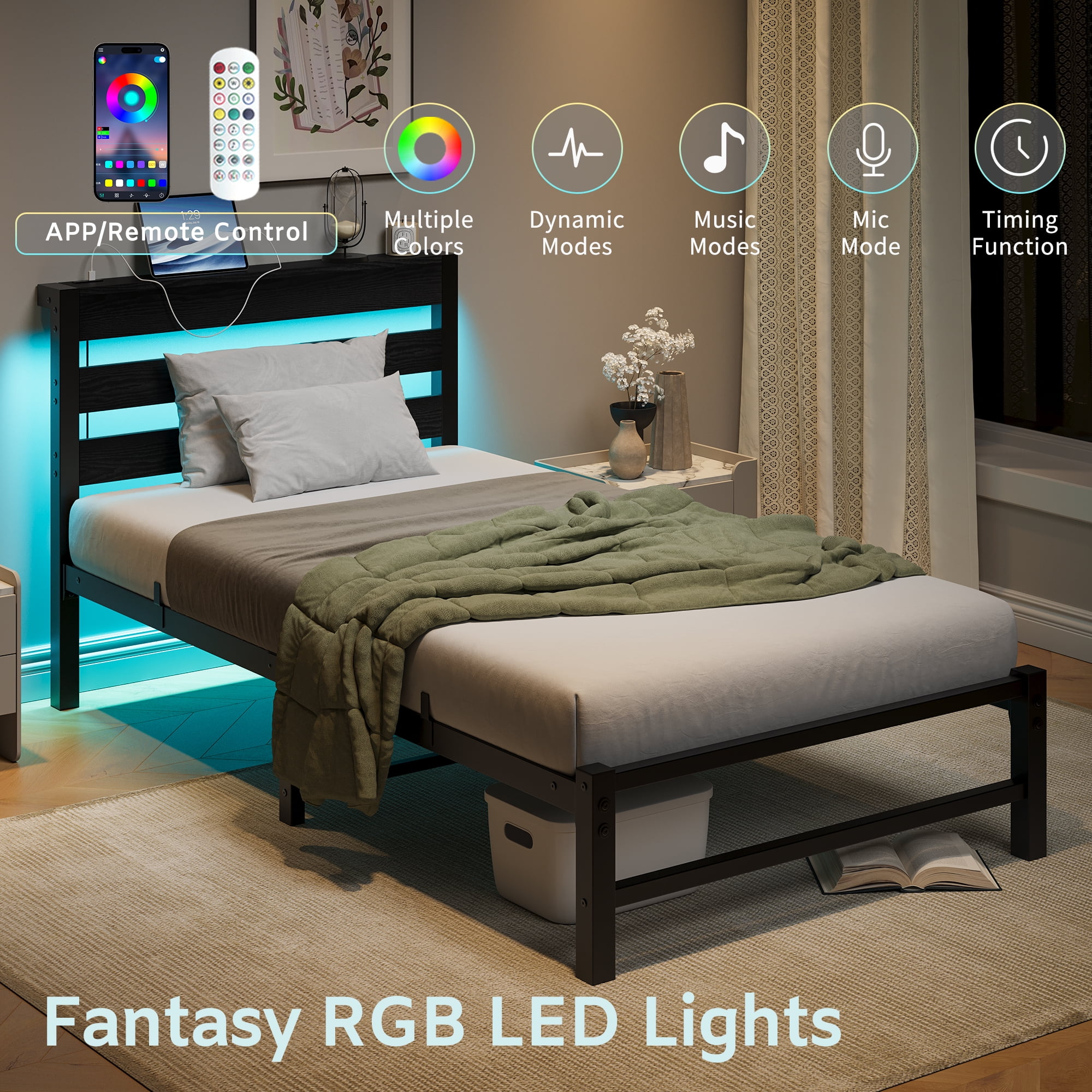 Yoneston Twin Size Bed Frame with LED Night Storage Headboard and USB Charging Station, 11" Black Duty Metal Platform Bed for Kids Childs Teens