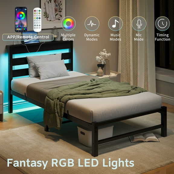 Yoneston Twin Size Bed Frame with LED Night Storage Headboard and USB Charging Station, 11" Black Duty Metal Platform Bed for Kids Childs Teens