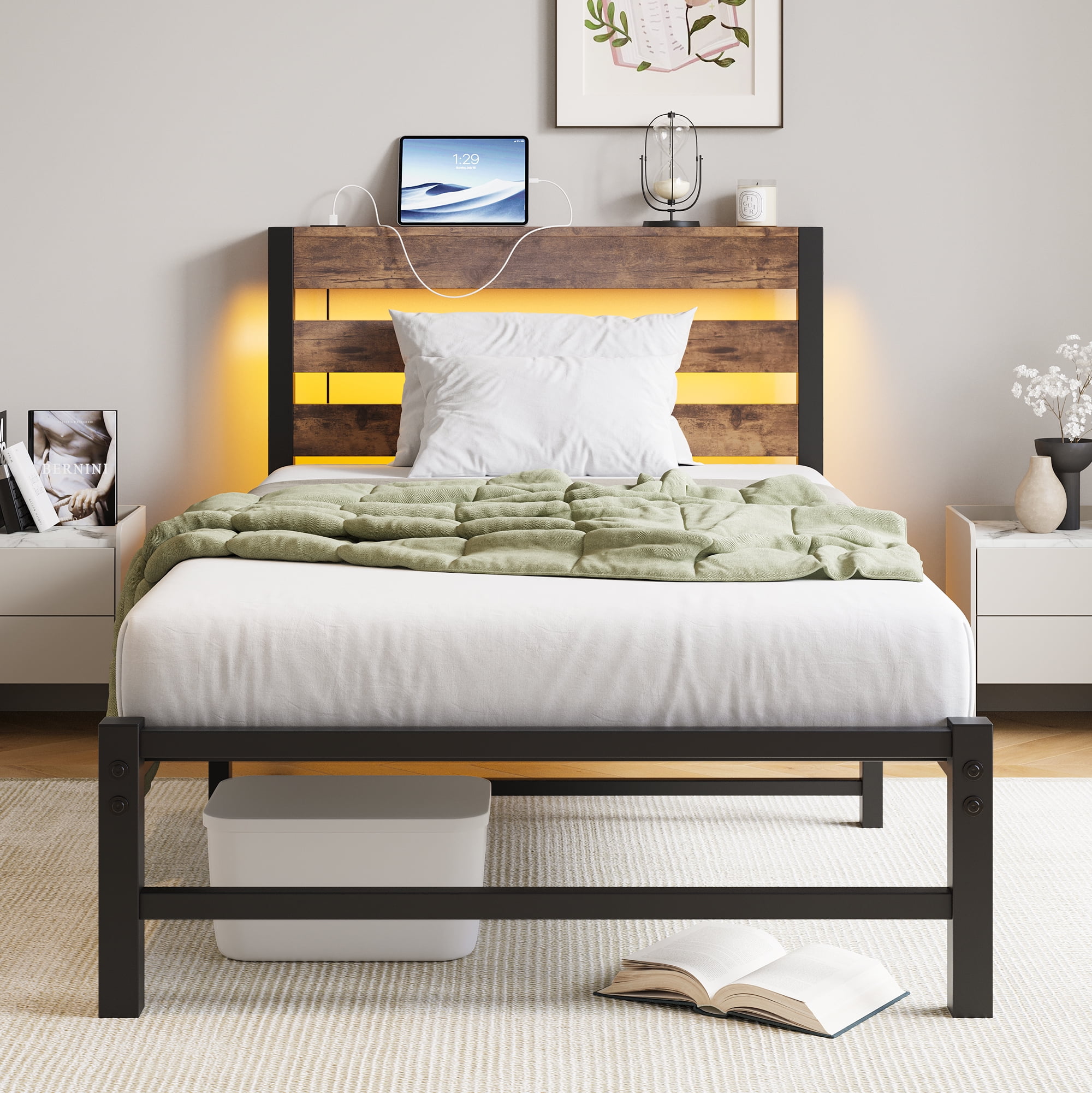 Yoneston Twin Size Bed Frame with LED Night Storage Headboard and USB Charging Station, 11" Black Duty Metal Platform Bed for Kids Childs Teens