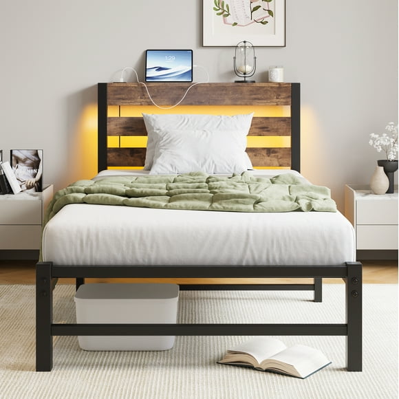 Yoneston Twin Size Bed Frame with LED Night Storage Headboard and USB Charging Station, 11" Black Duty Metal Platform Bed for Kids Childs Teens