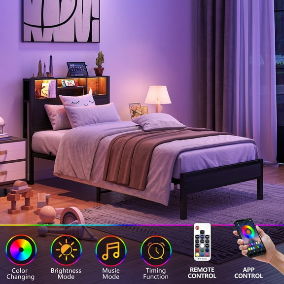 Yoneston Twin Size Bed Frame with Storage Headboard and LED Light, Metal Platform Bed with Charging Station & Bookcase Storage, Black