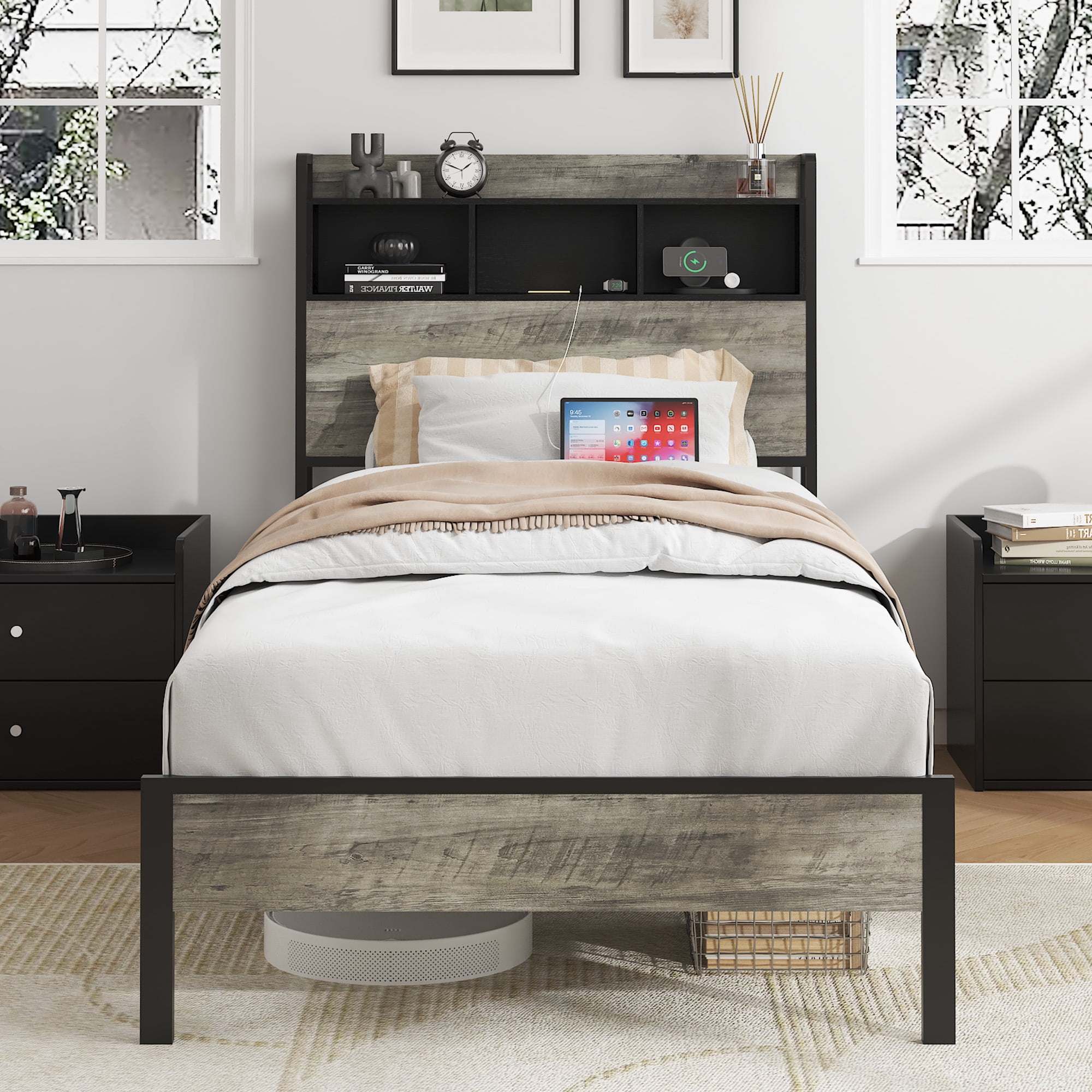 Yoneston Twin Size Bed Frame with Wood Storage Headboard Shelves and Center Charging Station for Kids Boys Girls, Antique Gray