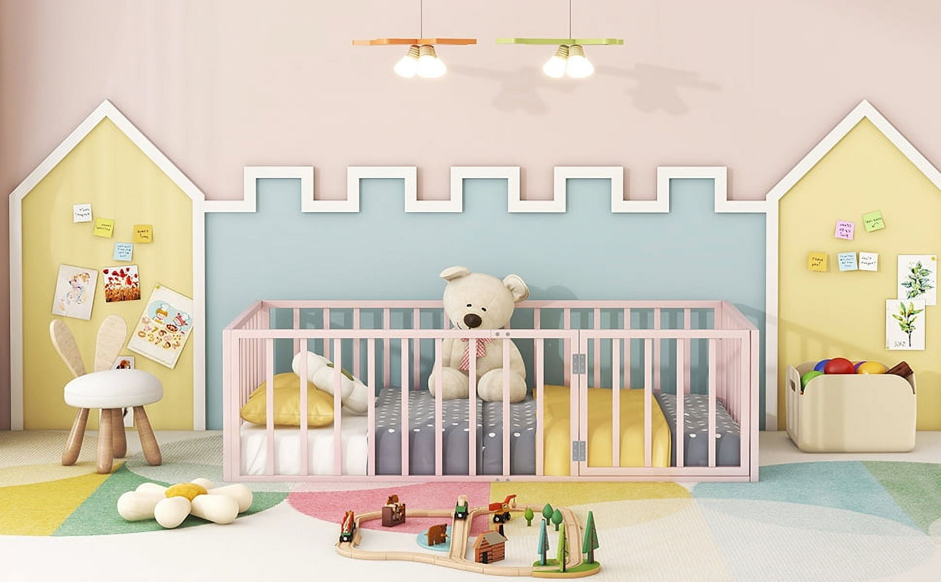 Yoneston Twin Size Floor Bed Frame with Fence and Door, Kids Toddler Montessori Platform Floor Playhouse Bed with Sturdy Support Slats for Boys & Girls, Pink
