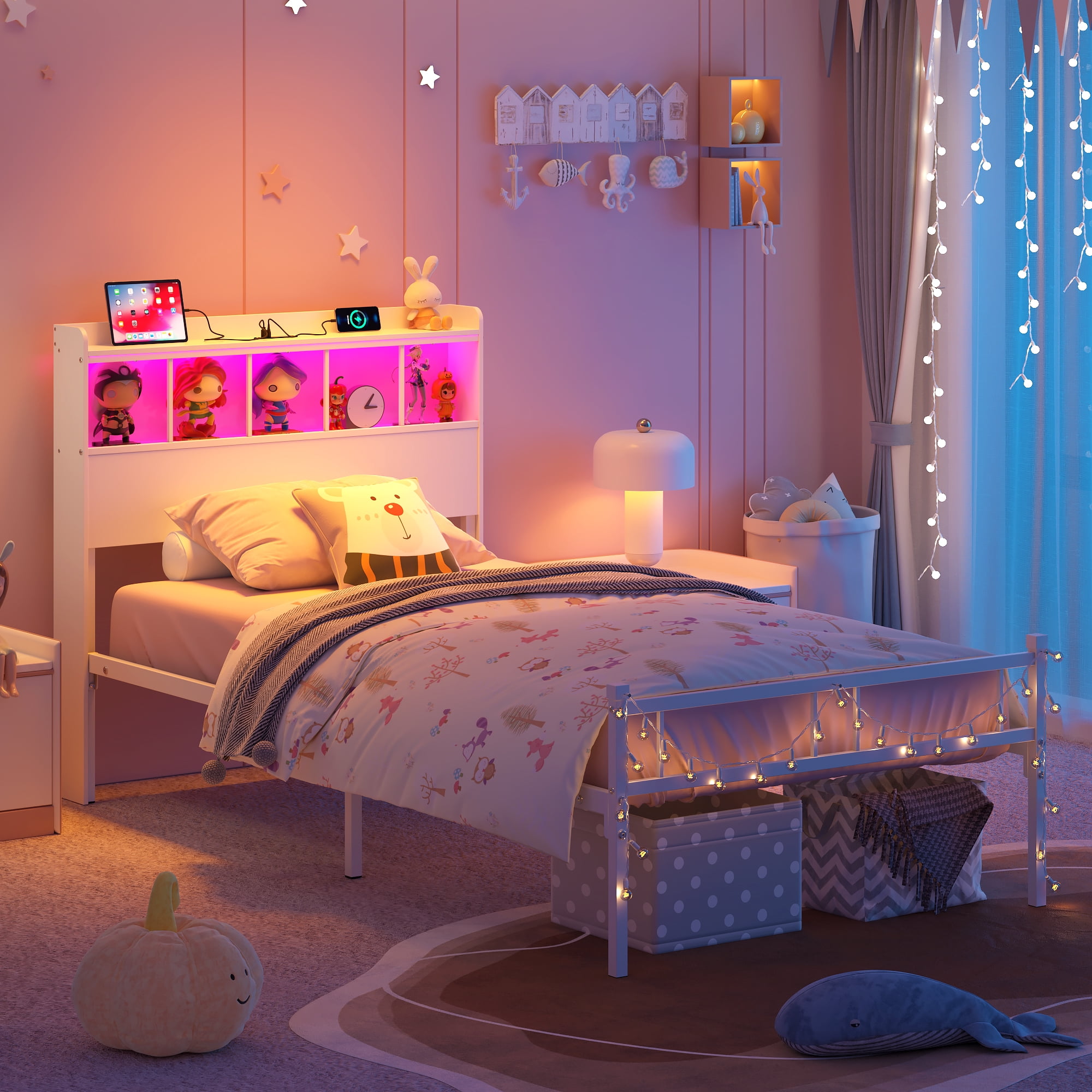 Yoneston Twin Size Girl’s Platform Bed Frame with 2-Tier LED Storage Headboard Shelves & Charging Station for Kids Teens, White