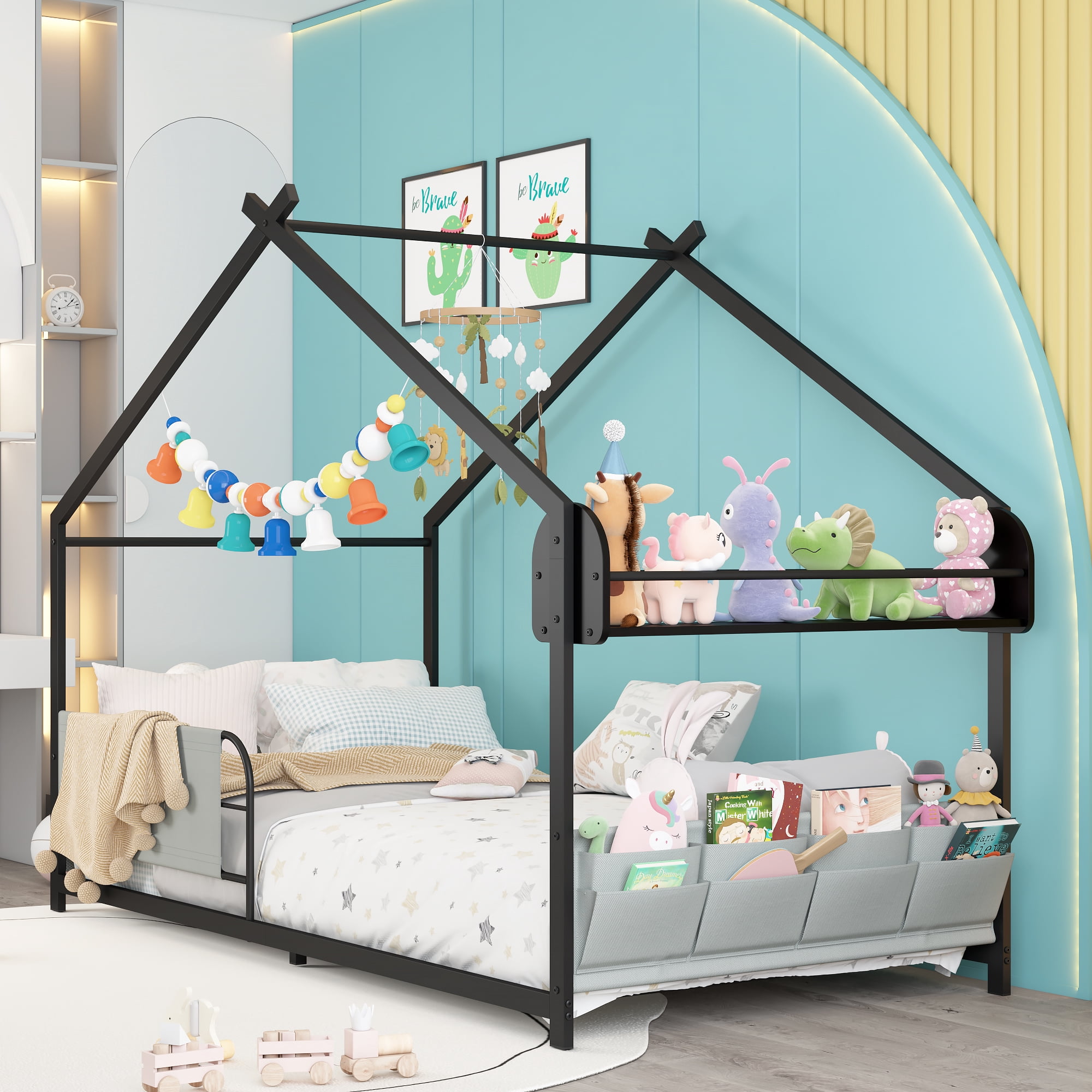 Yoneston Twin Size House Floor Bed with Storage Caddy and Shelf for Kids, Sturdy Metal Bed Frame with Guardrail for Toddlers, Boys and Girls - Black