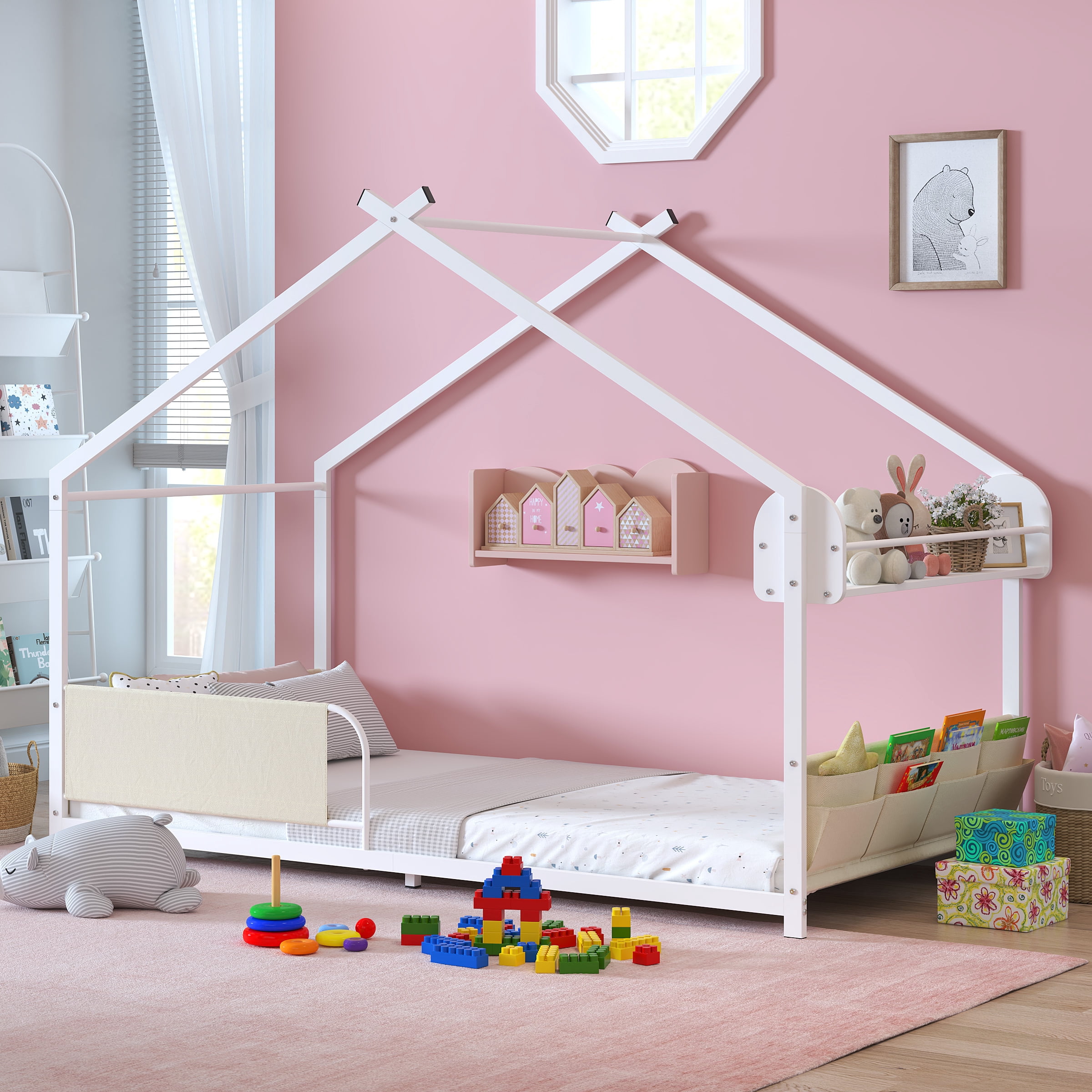 Yoneston Twin Floor Bed with Storage Caddy & Shelf,  House Bed Frame with Fence, Montessori Floor Bed for Kids, Boys and Girls, White