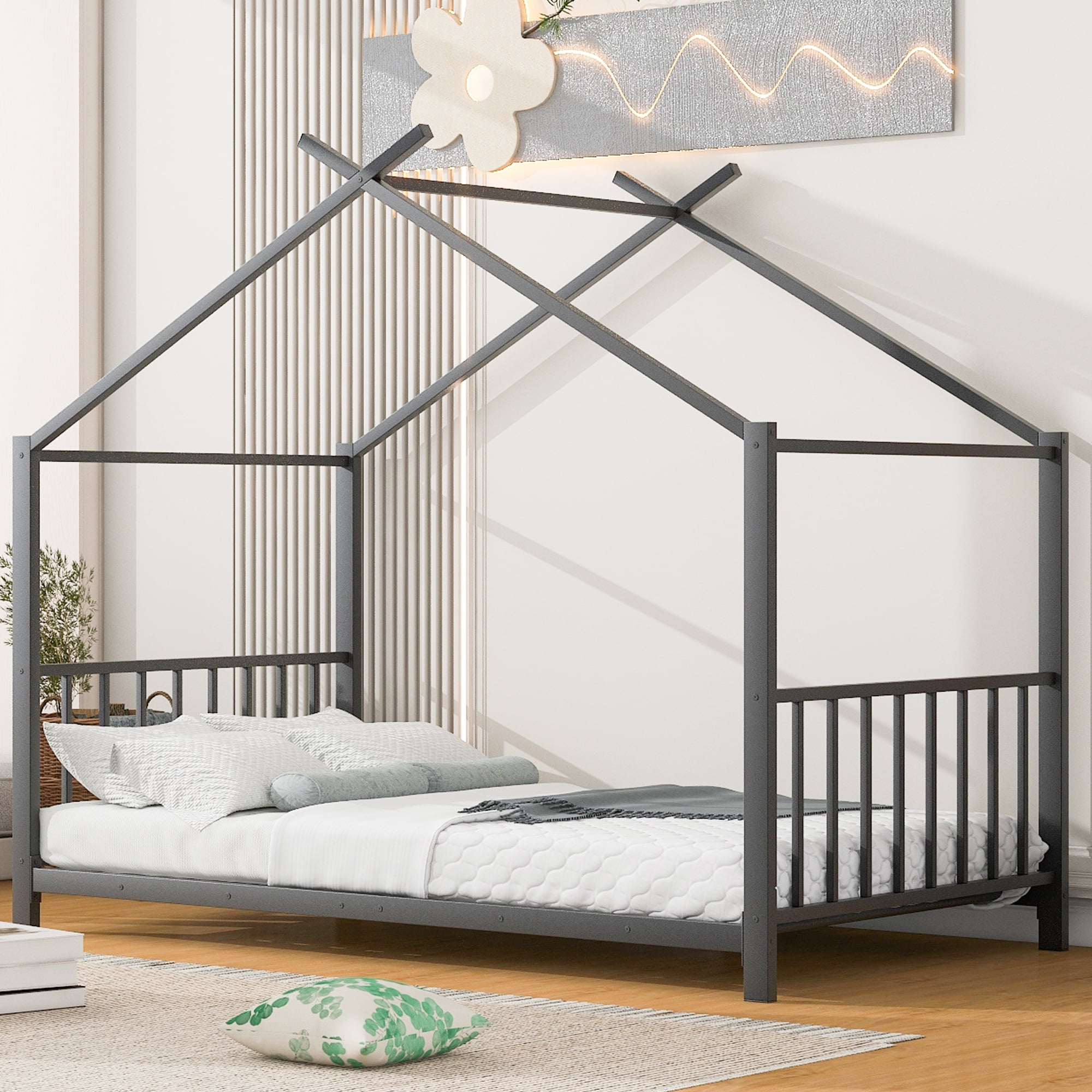 Yoneston Twin Size Kids Metal House Platform Bed Frame with Roof for Child, No Spring Needed, Black