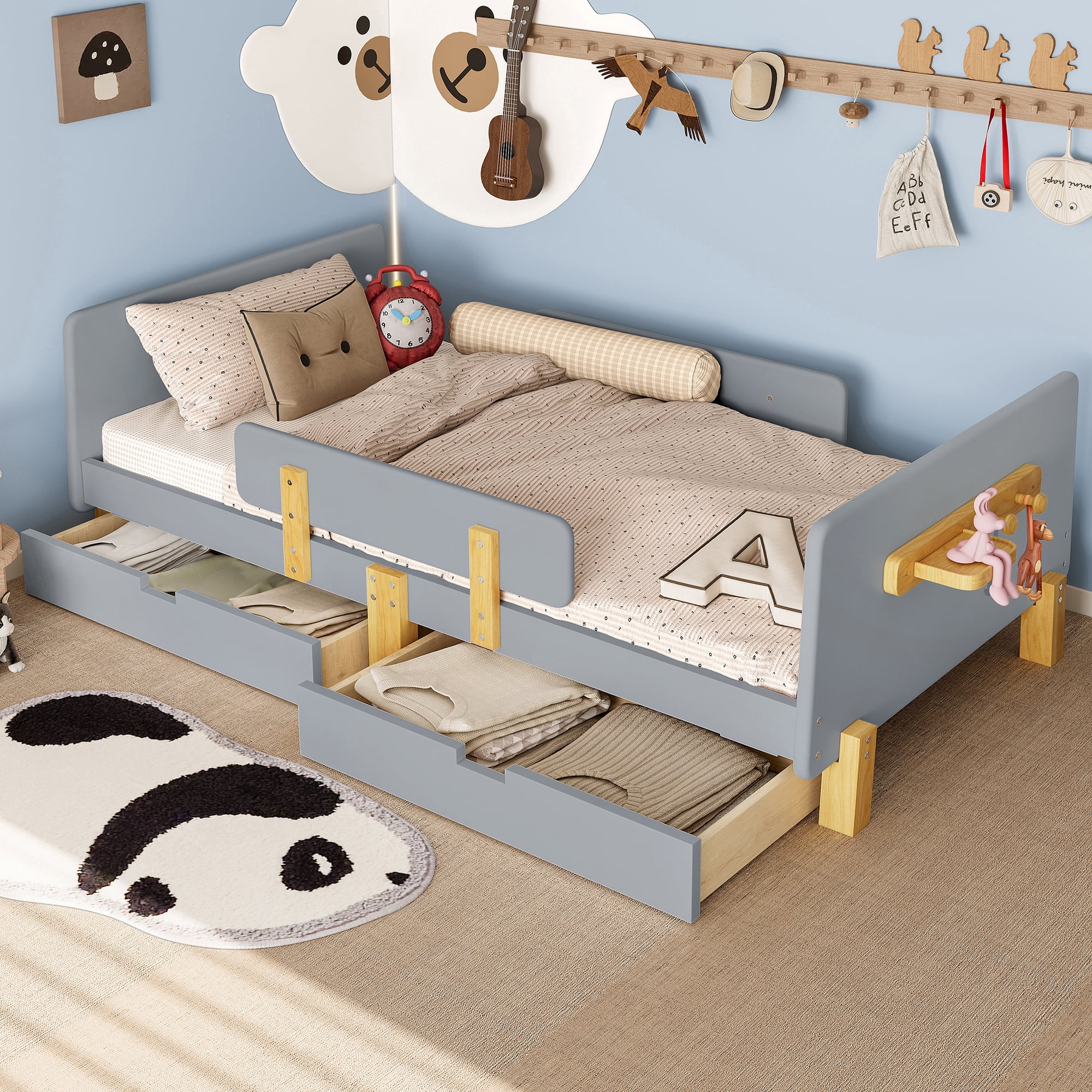 Yoneston Twin Size Kids Platform Bed with 2 Storage Drawers, Solid Wood Todder Bed Frame with Guardrails and Hooks for Boys Girls, Gray