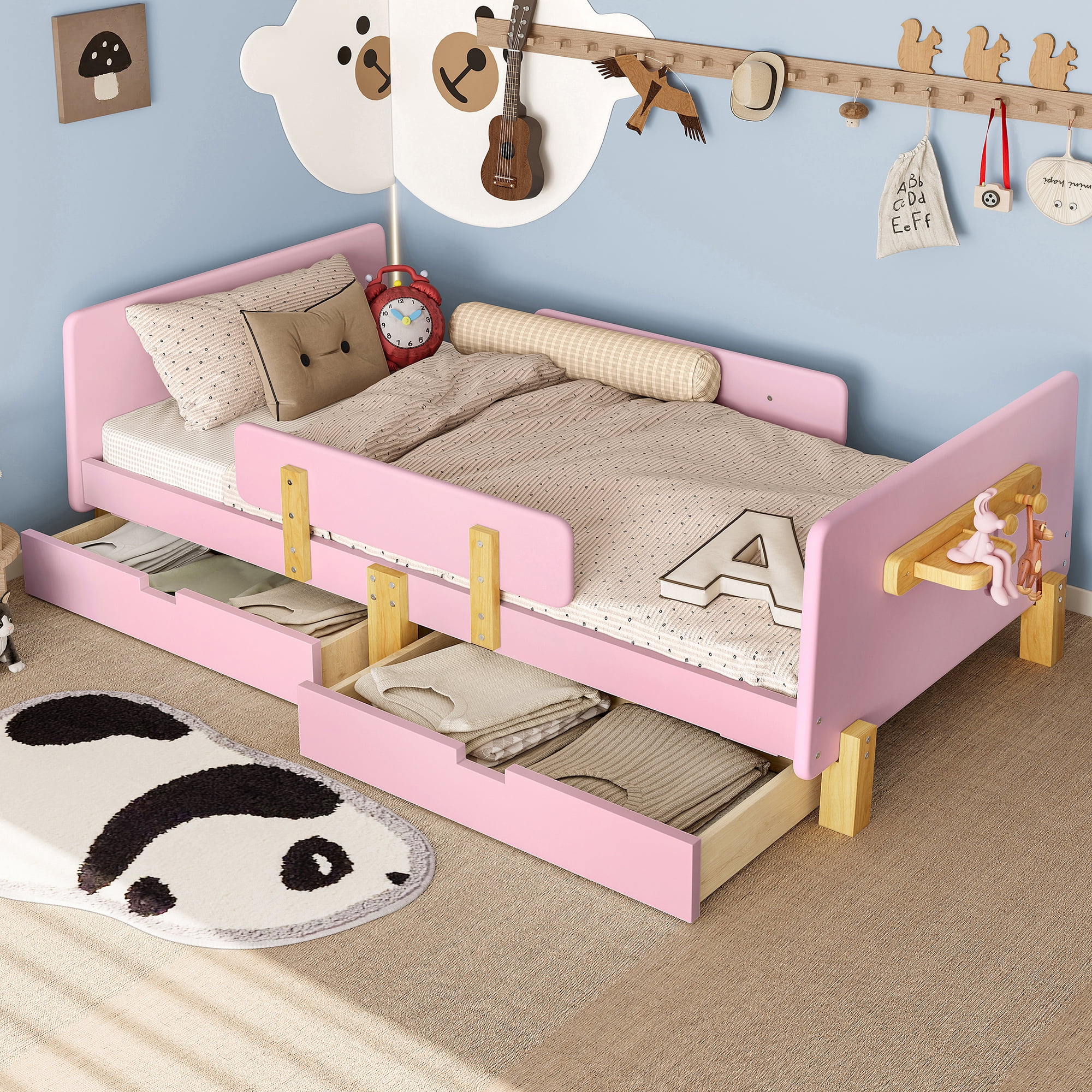 Yoneston Twin Size Kids Platform Bed with 2 Storage Drawers, Solid Wood Todder Bed Frame with Guardrails and Hooks for Boys Girls, Pink