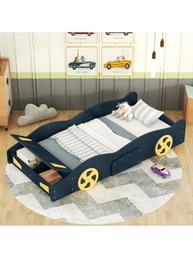 Yoneston Twin Size Kids Race Car-Shaped Platform Bed, Solid Wood Guardrails Platform Bed Frame with Wheels and Storage for Kids Boys and Girls, Dark Blue