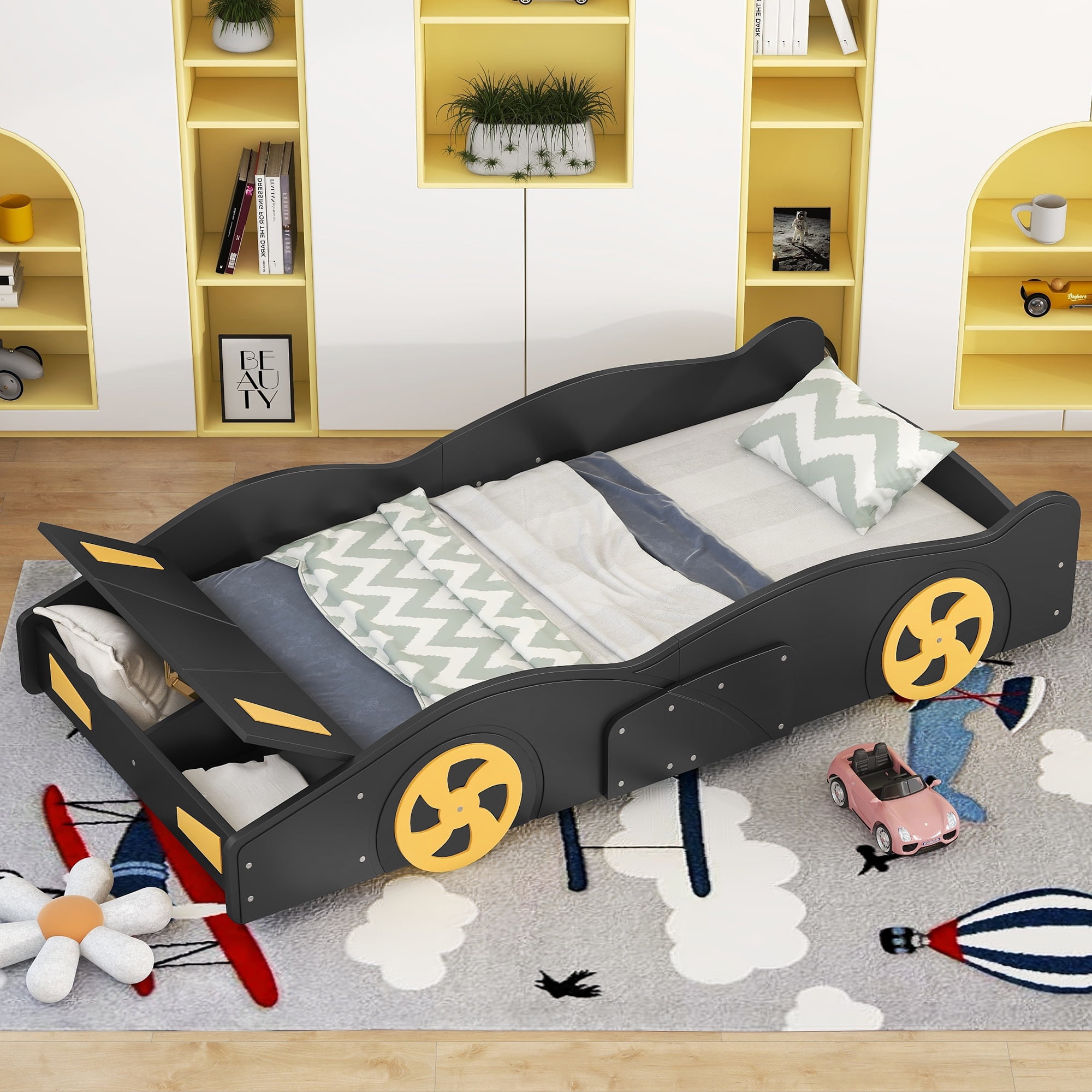 Yoneston Twin Size Kids Race Car-Shaped Platform Bed, Solid Wood Guardrails Platform Bed Frame with Wheels and Storage for Kids Boys and Girls, Black