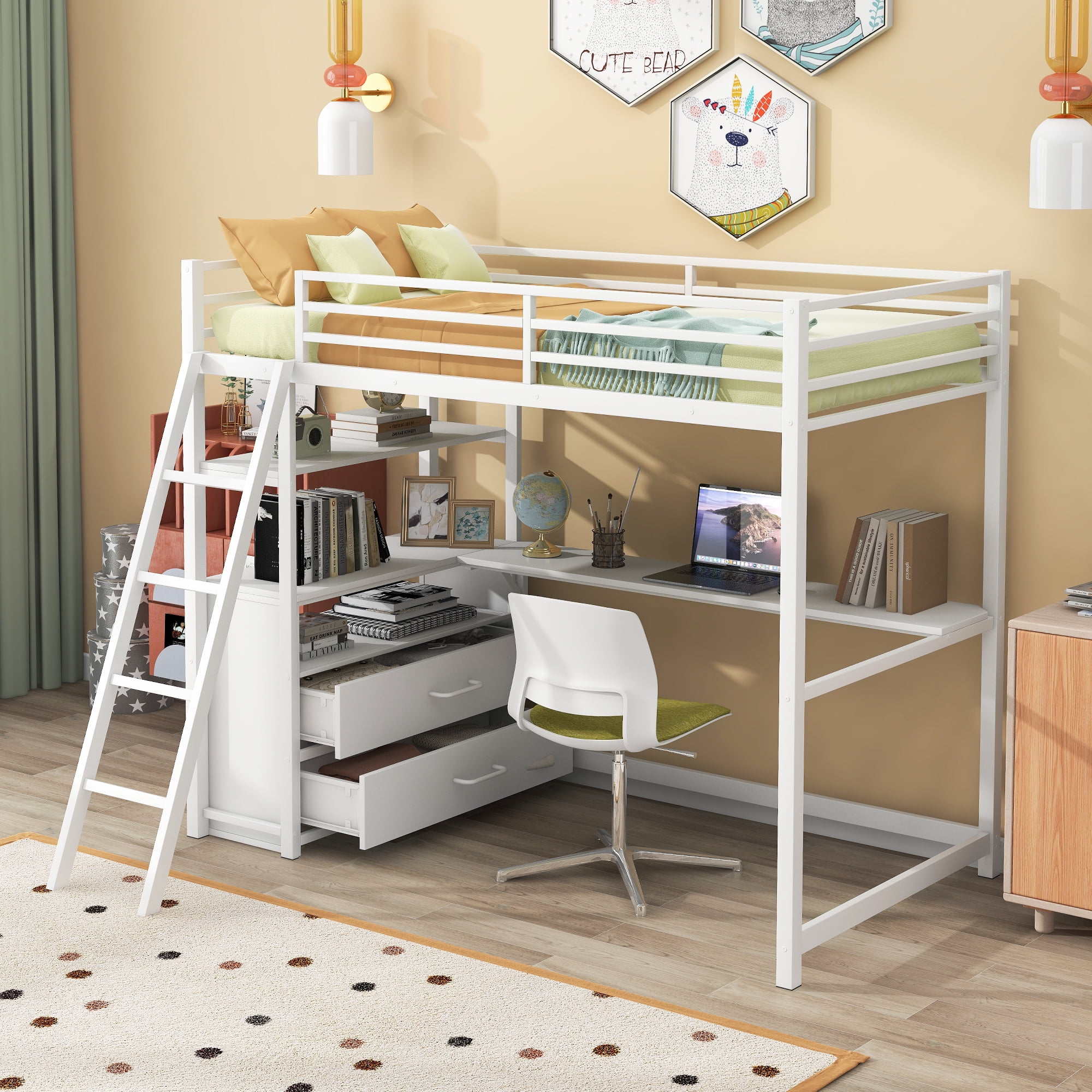 Yoneston Twin Size Loft Bed with Desk Shelve and Two Built-in Drawers, Heavy Duty Metal & Wood Loft Bed for Kids Toddles Bedroom, White
