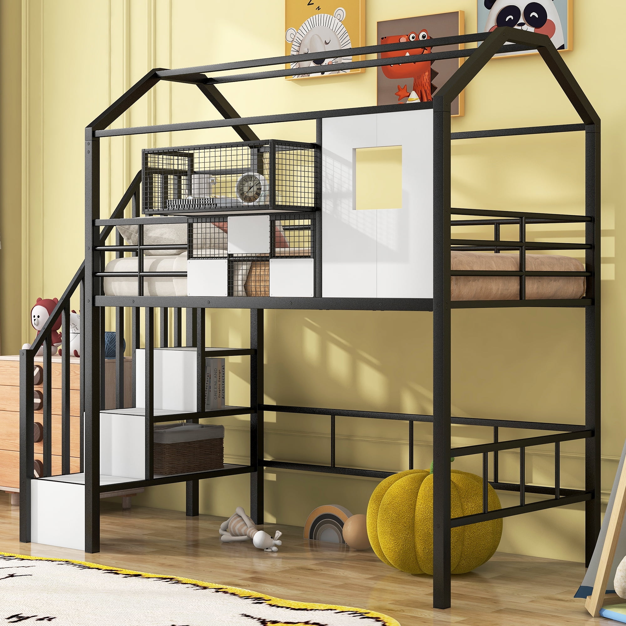 Yoneston Twin Size Loft Bed with Stairs and Storage Box, Heavy Duty Metal Loft Bed with Roof Design for Kids Teens, Black
