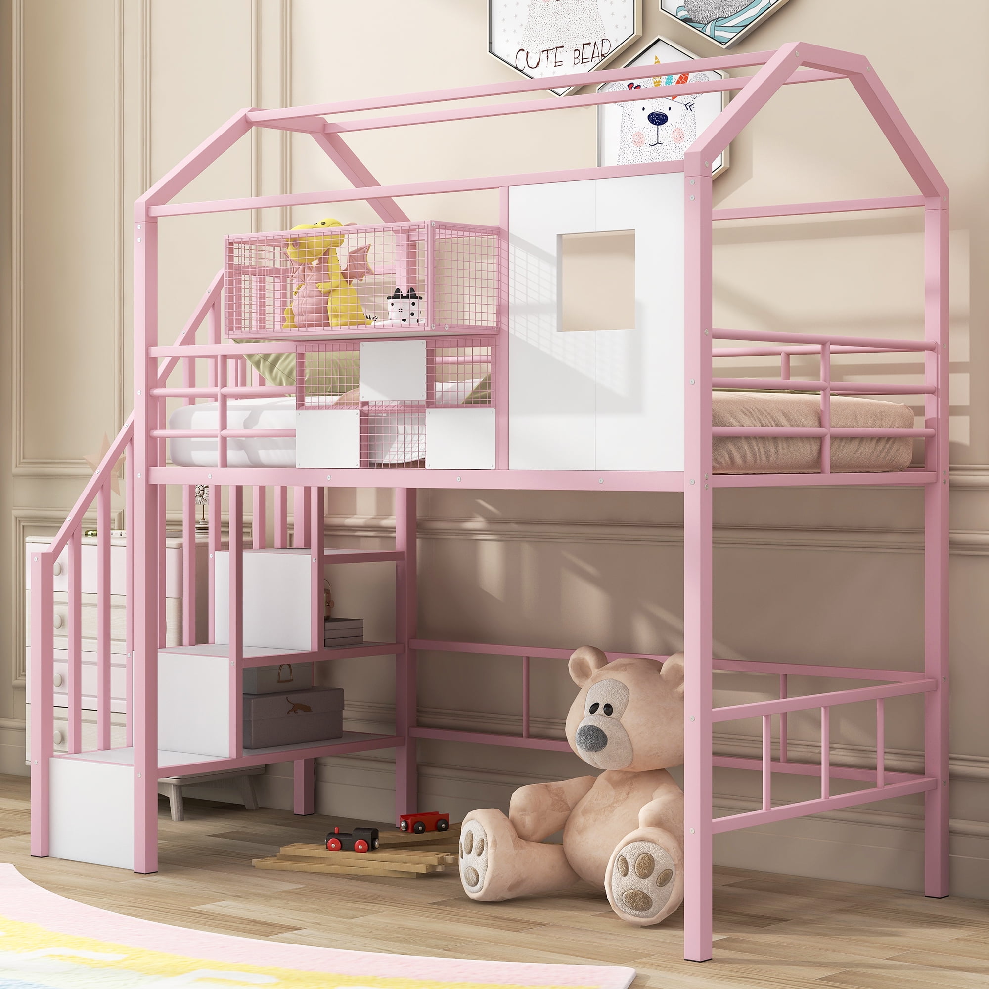 Yoneston Twin Size Loft Bed with Stairs and Storage Box, Heavy Duty Metal Loft Bed with Roof Design for Kids Teens, Pink