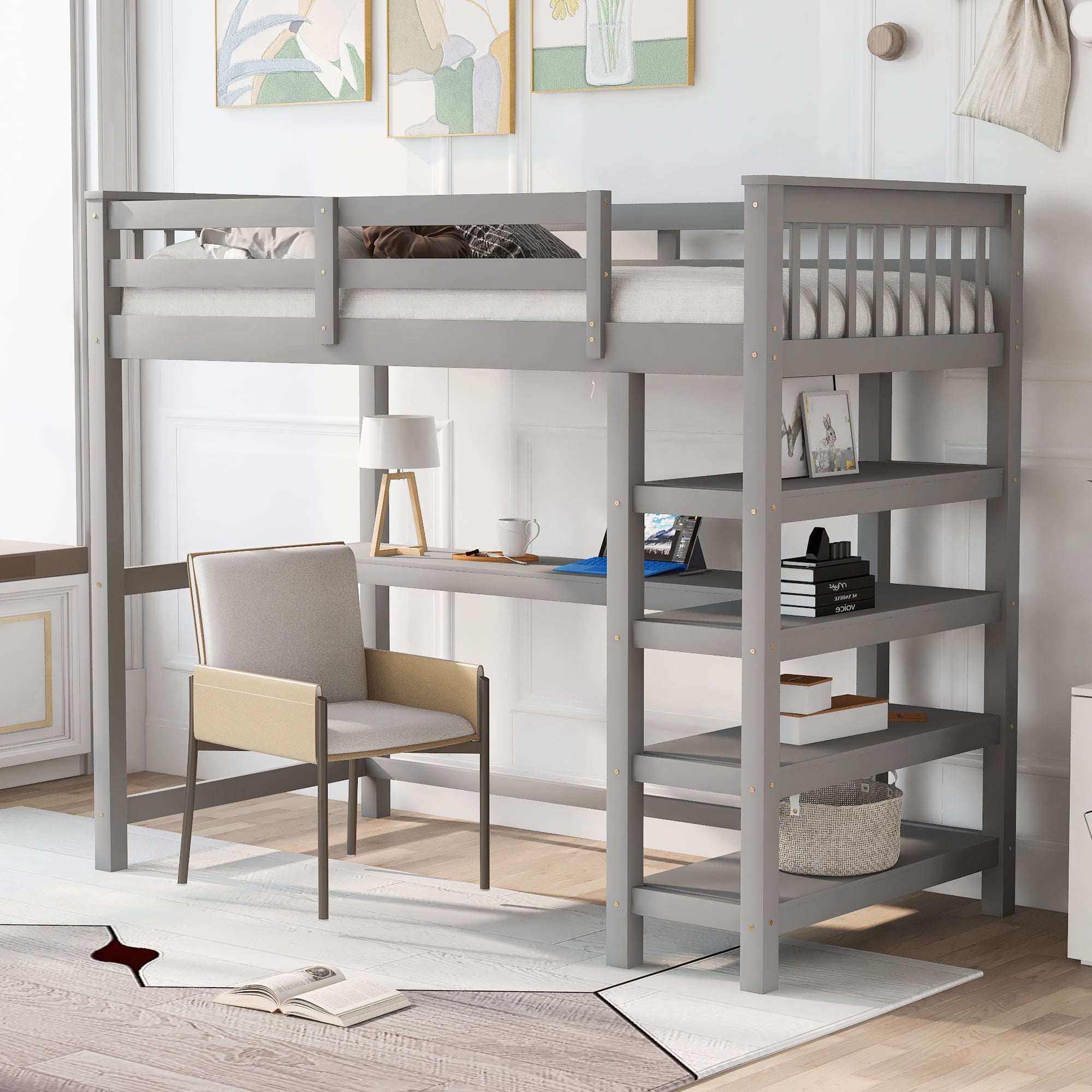 Yoneston Twin Size Loft Bed with Storage Shelves, Wooden Twin Loft Bed Frame with Under-bed Desk for Boys Girls Teens Bedroom, Gray