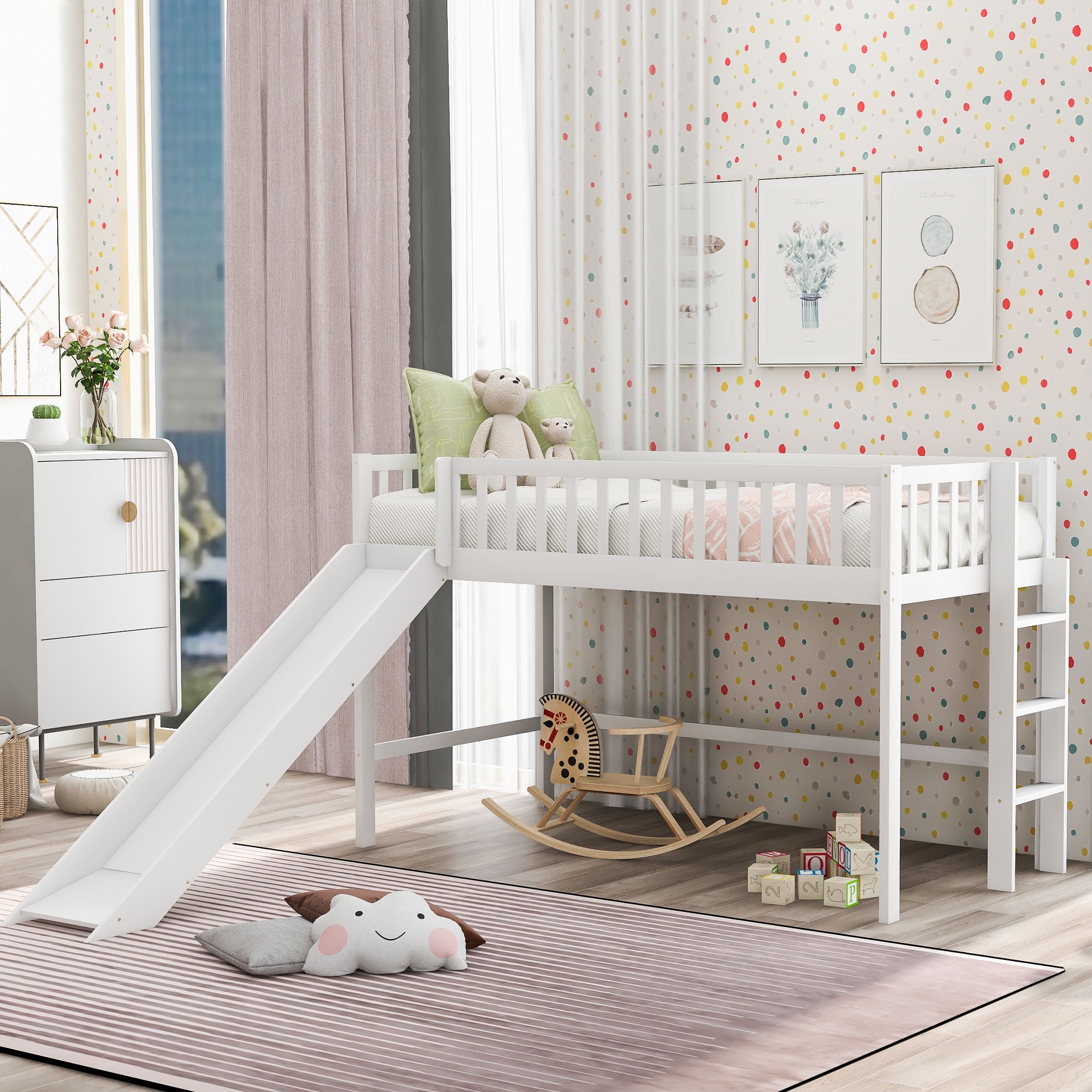 Yoneston Twin Size Low Loft Bed with Ladder and Slide, Wood Kids Loft Bed Frame with Fence