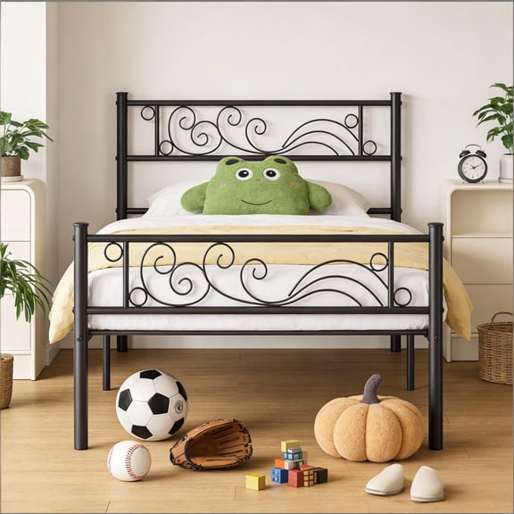 Yoneston Twin Size Metal Platform Bed Frame With Headboard and Footboard, Black